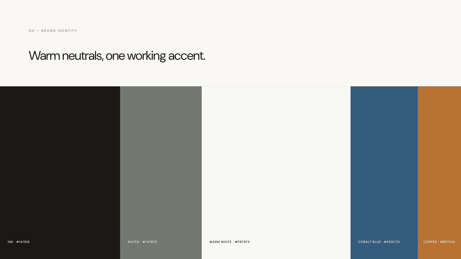 Second Order colour system: ink, muted grey and warm white with cobalt blue and copper accents