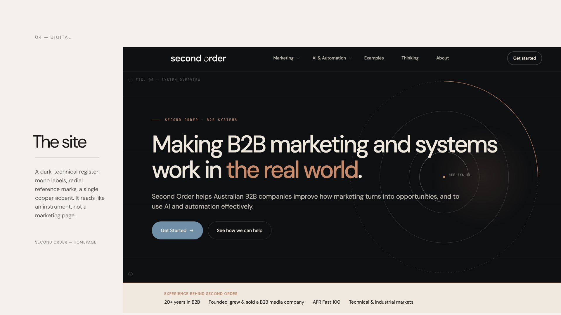 Second Order website homepage in a dark technical register, headed Making B2B marketing and systems work in the real world