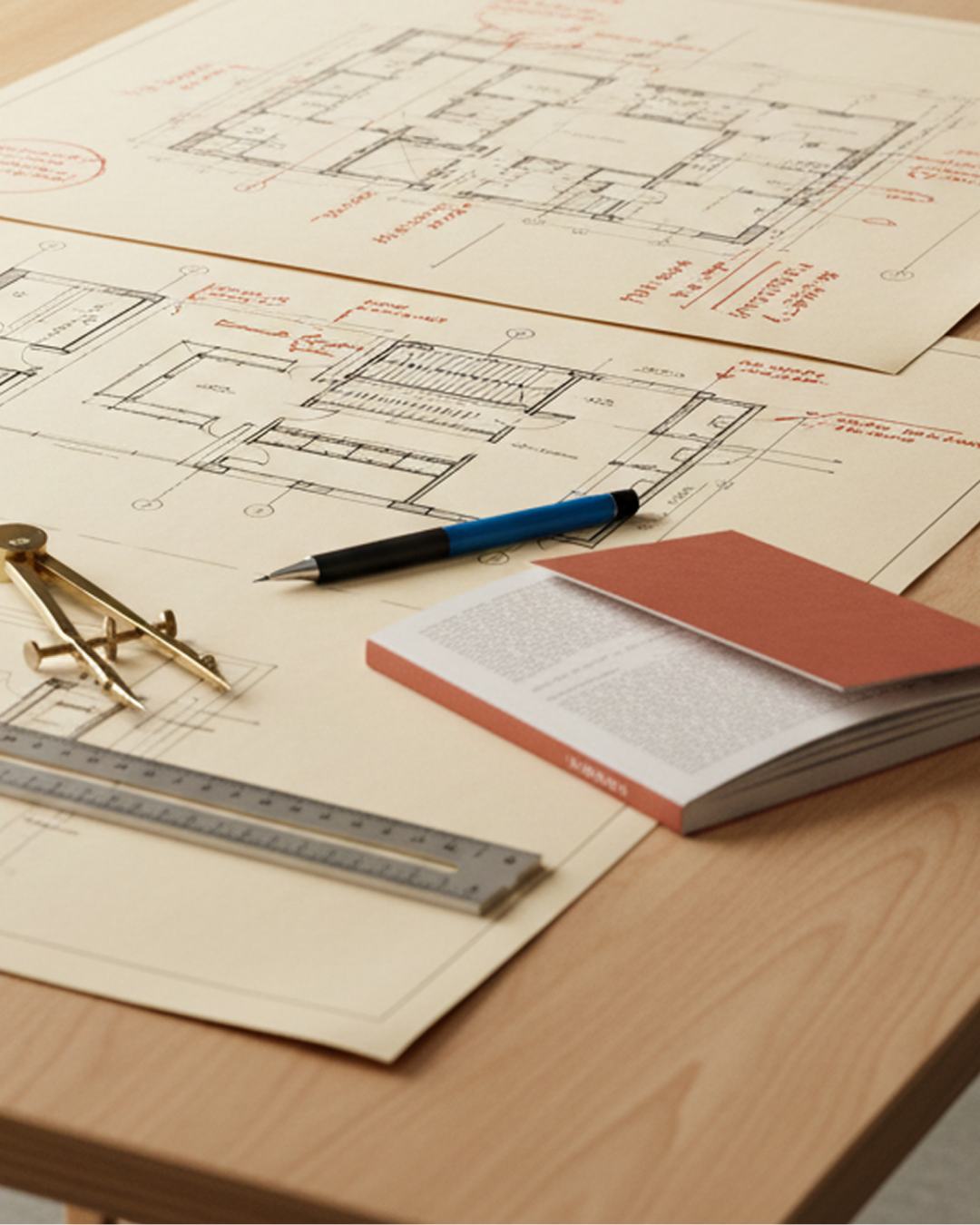 Architectural plans on a timber desk with a brass compass, steel rule, pen and notebook