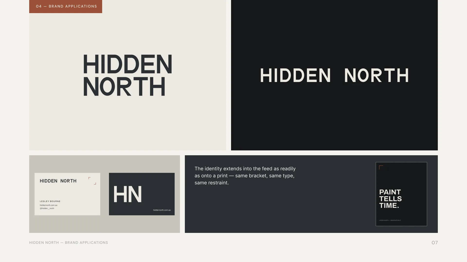 Hidden North brand applications: Archivo wordmarks, business cards and an Instagram post