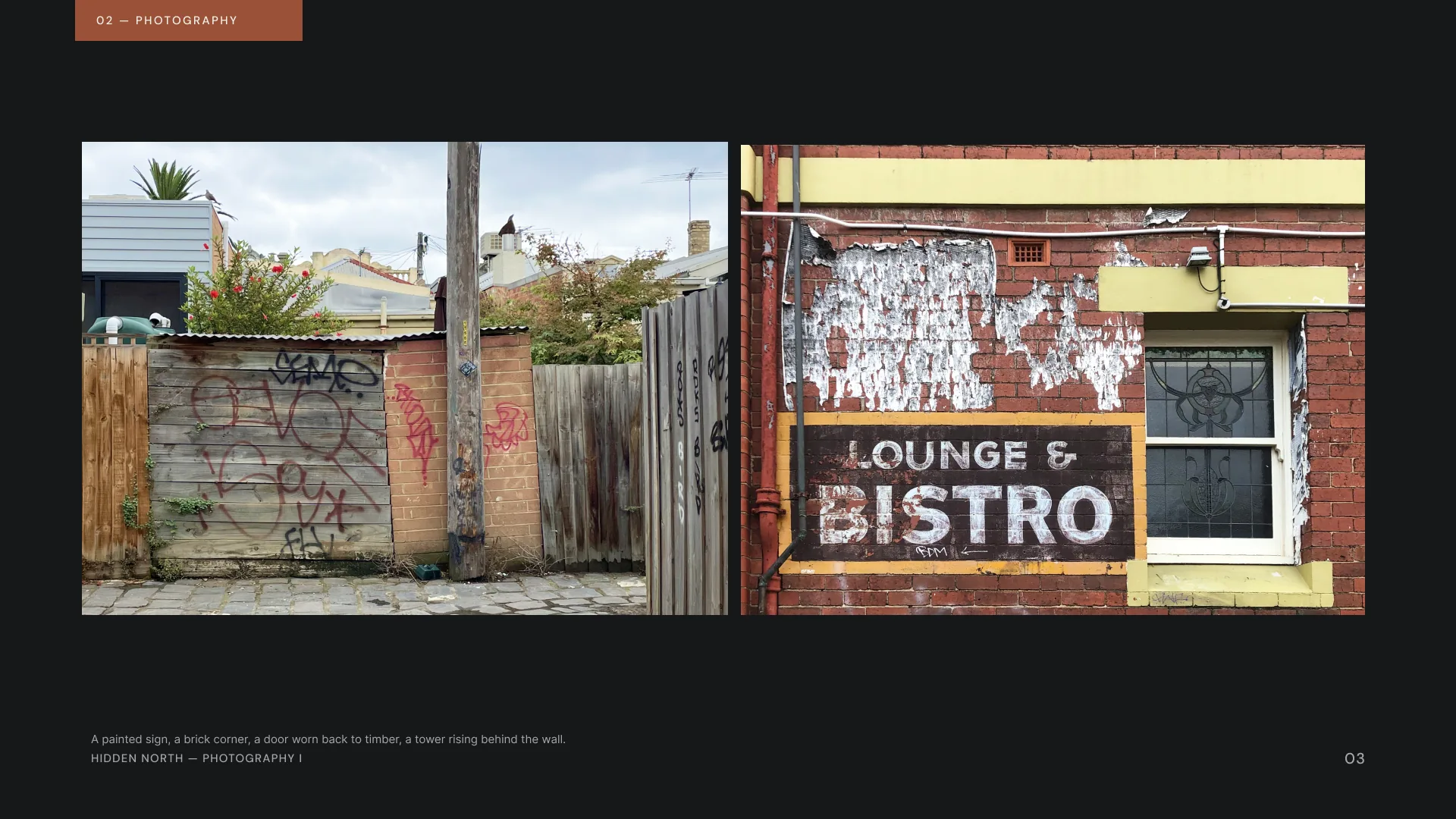 Hidden North photography: a bluestone laneway and the Lounge & Bistro ghost sign on red brick