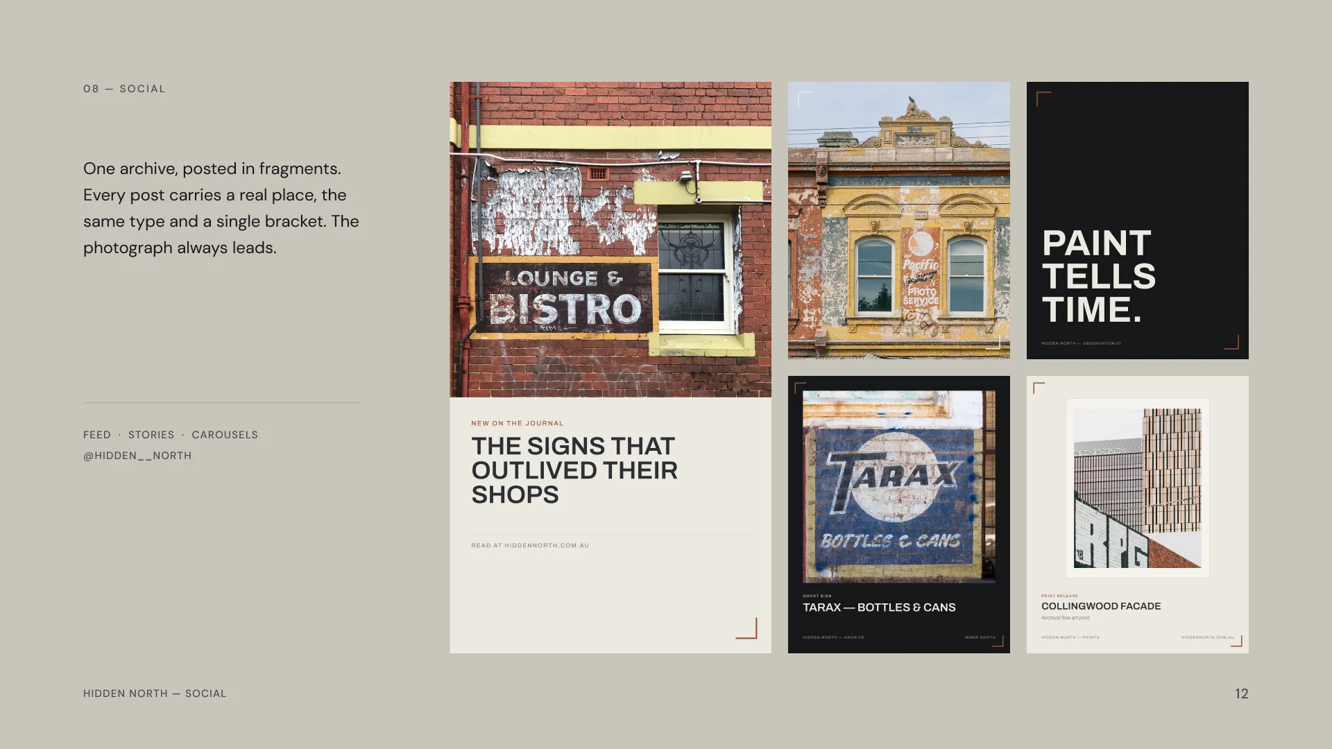 Hidden North social media: a journal story and four feed posts from the Hidden North template system
