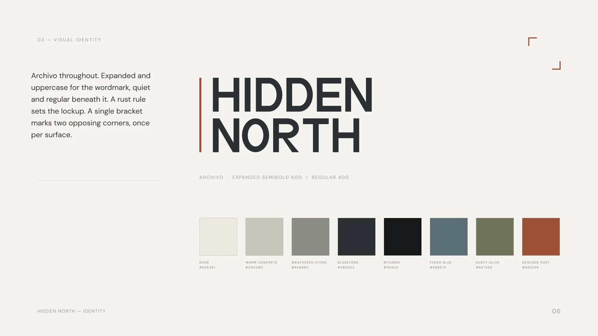 Hidden North brand identity: the Archivo wordmark with rust rule, bracket device and eight-colour palette