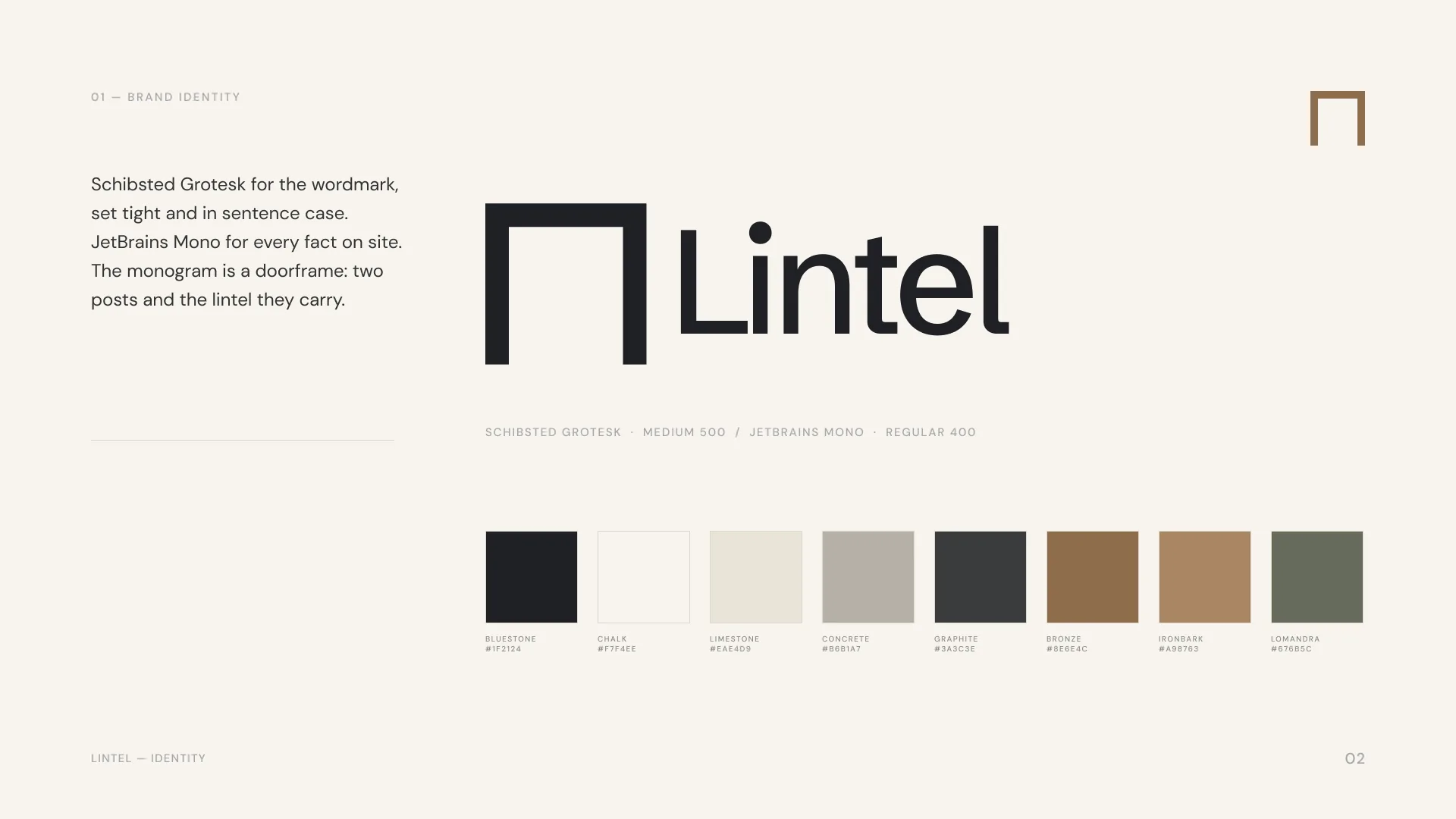 Lintel brand identity: doorframe monogram and Schibsted Grotesk wordmark with the eight-colour palette