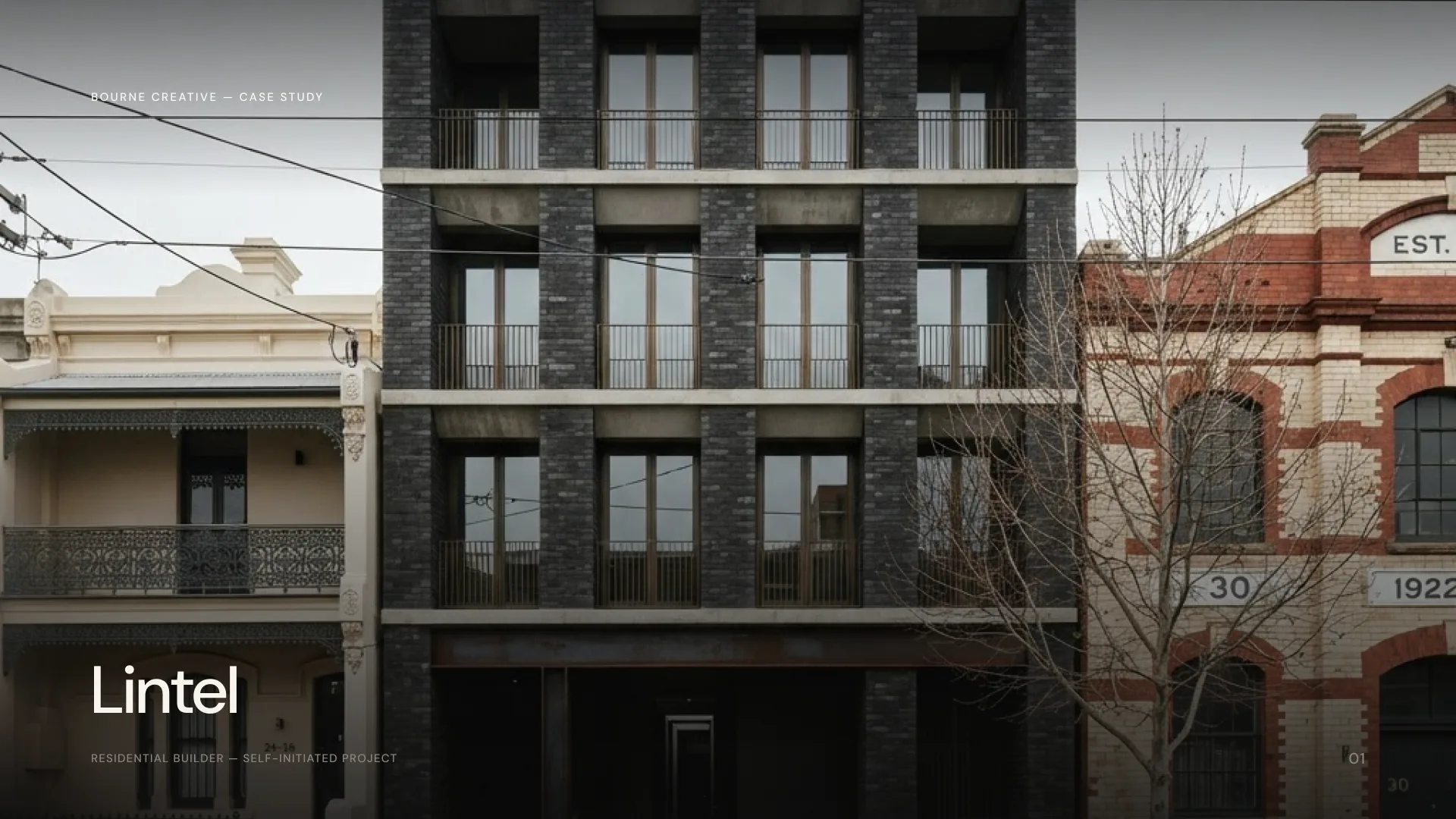 Lintel: a dark-brick residential building between a Victorian terrace and a polychrome brick warehouse in Melbourne's inner north