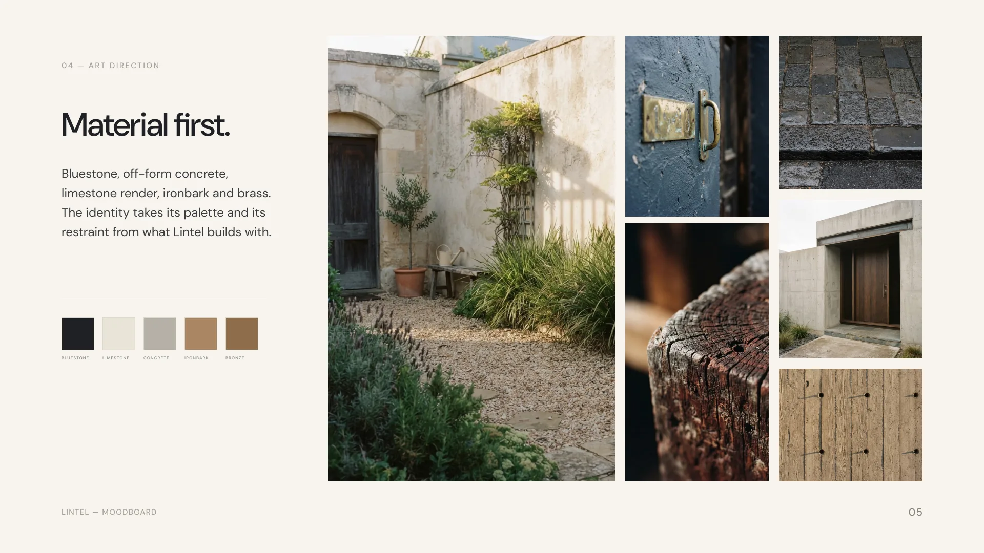 Lintel moodboard: bluestone, off-form concrete, ironbark, brass and limestone reference imagery