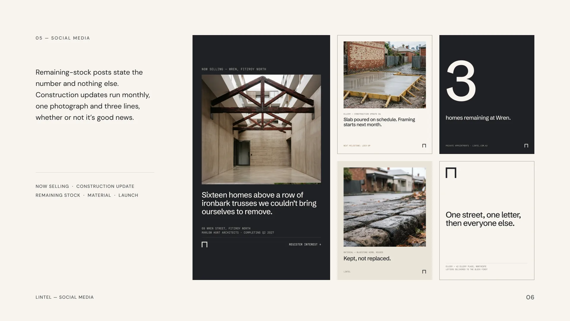 Lintel social media templates: a now-selling story and four feed posts