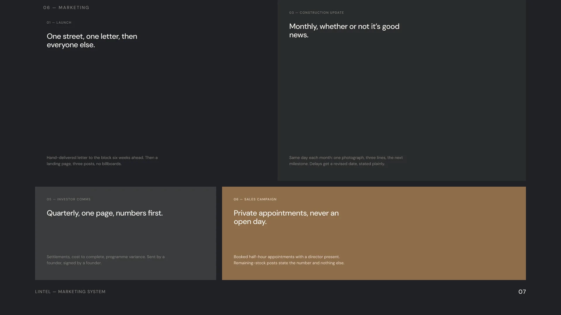 Lintel marketing system: launch, construction update, investor communications and sales campaign