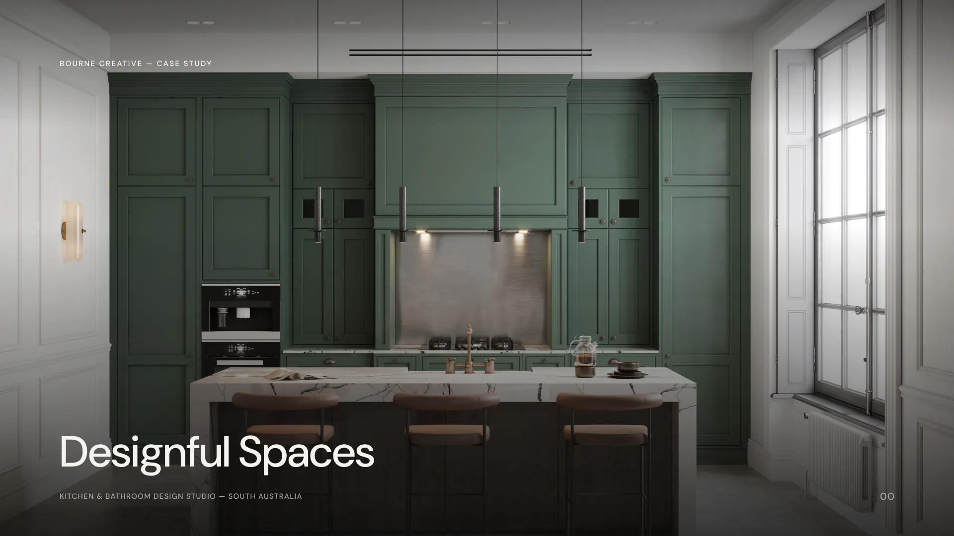 Designful Spaces case study cover: a kitchen with deep green cabinetry, a marble island and bar stools