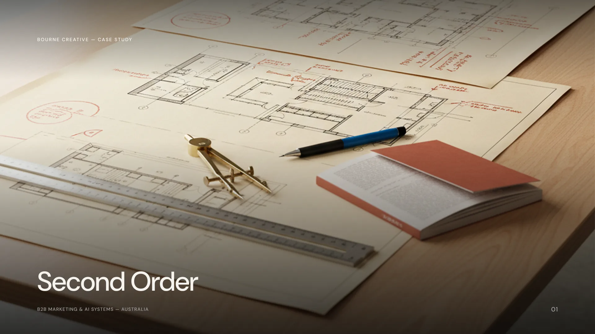 Second Order case study cover: architectural plans on a timber desk with a compass, steel rule and notebook