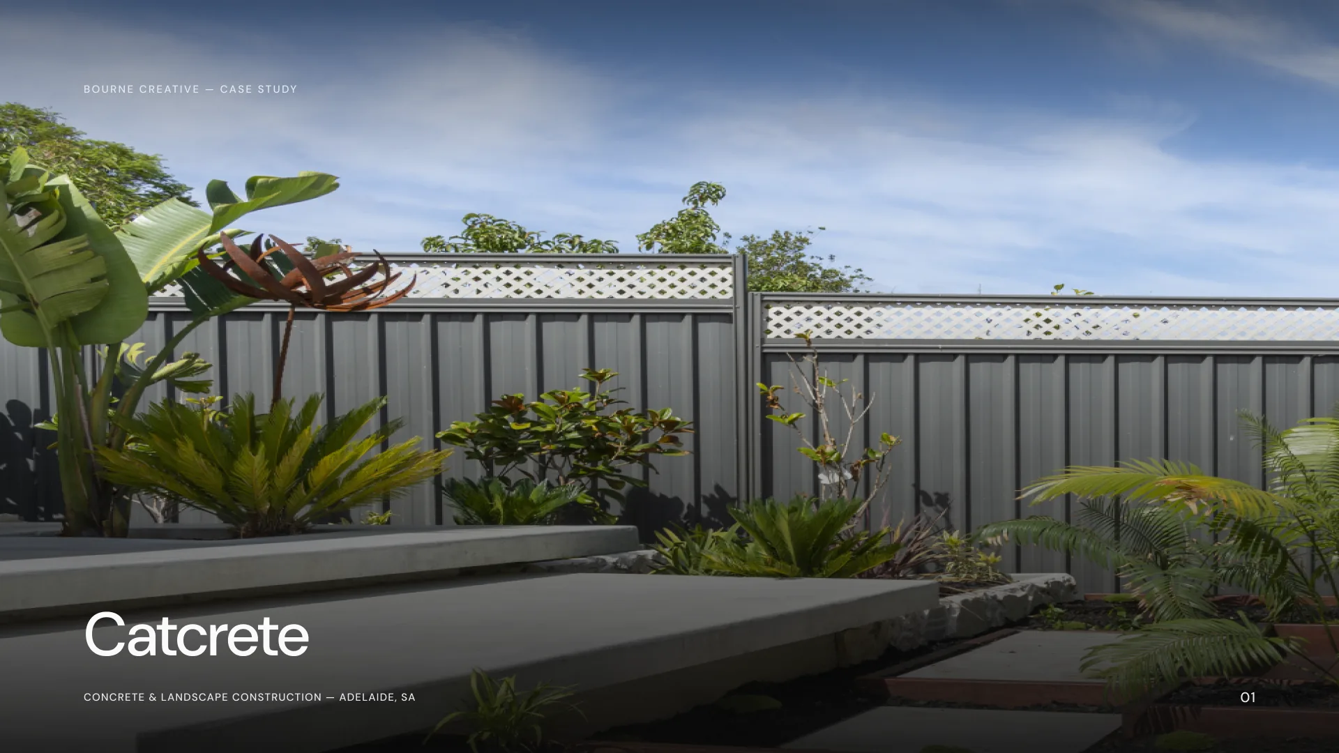 Catcrete case study cover: concrete stepping slabs through a planted courtyard garden in Adelaide