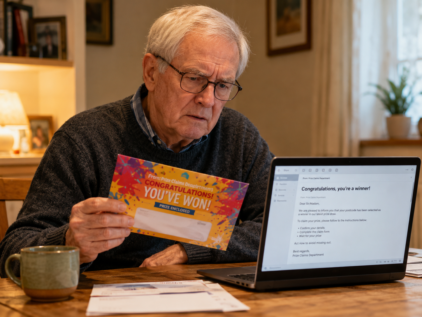 Older adult reviewing a suspicious prize letter and email, showing the warning signs of a postcode lottery scam