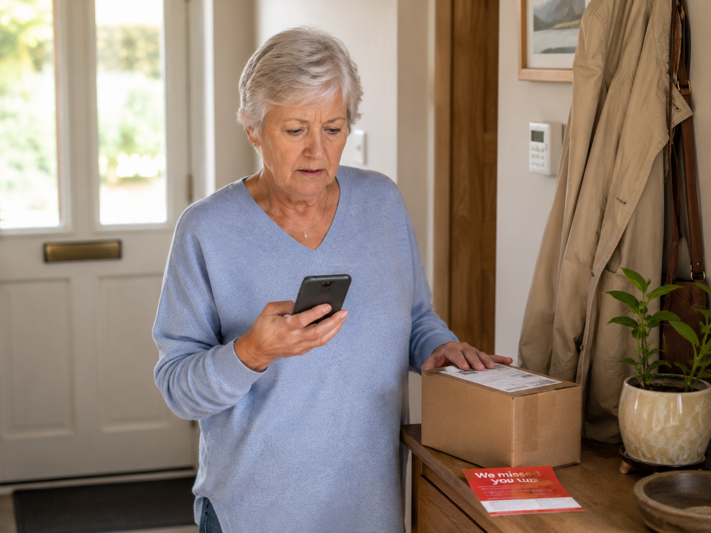 Older adult checking a suspicious missed delivery text message beside a parcel and delivery notice.