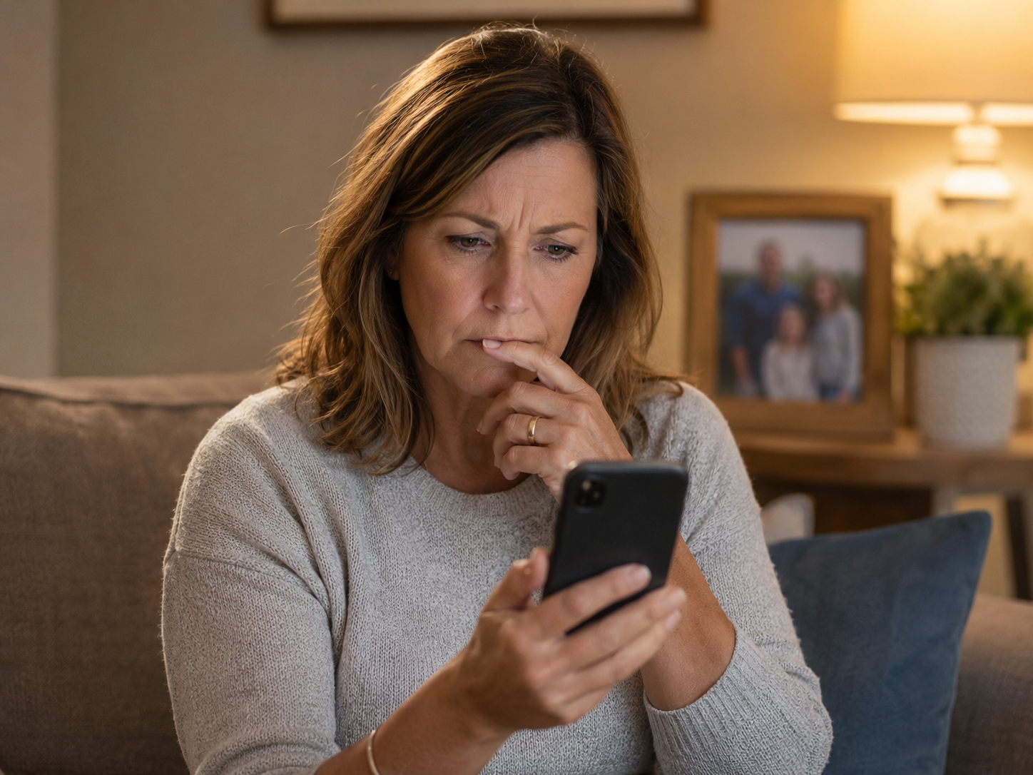 Parent looking cautiously at a phone message claiming to be from a child, showing the warning signs of a Hi Mum text scam.