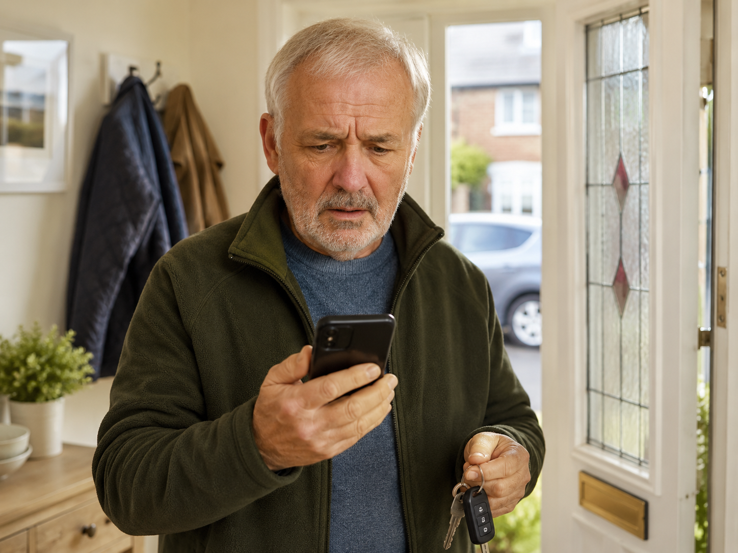 Older adult checking a suspicious DVLA vehicle tax text message while holding car keys near the front door.