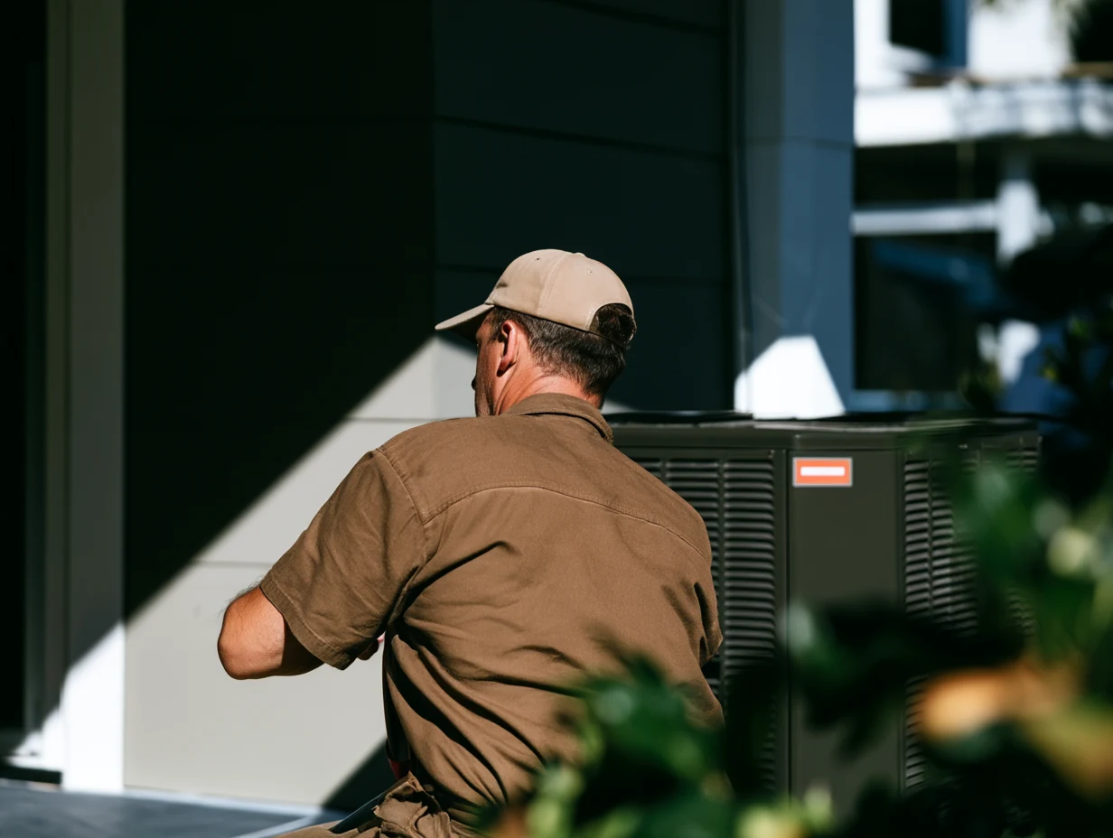 HVAC technician seen from behind while servicing a condenser unit outside a building.