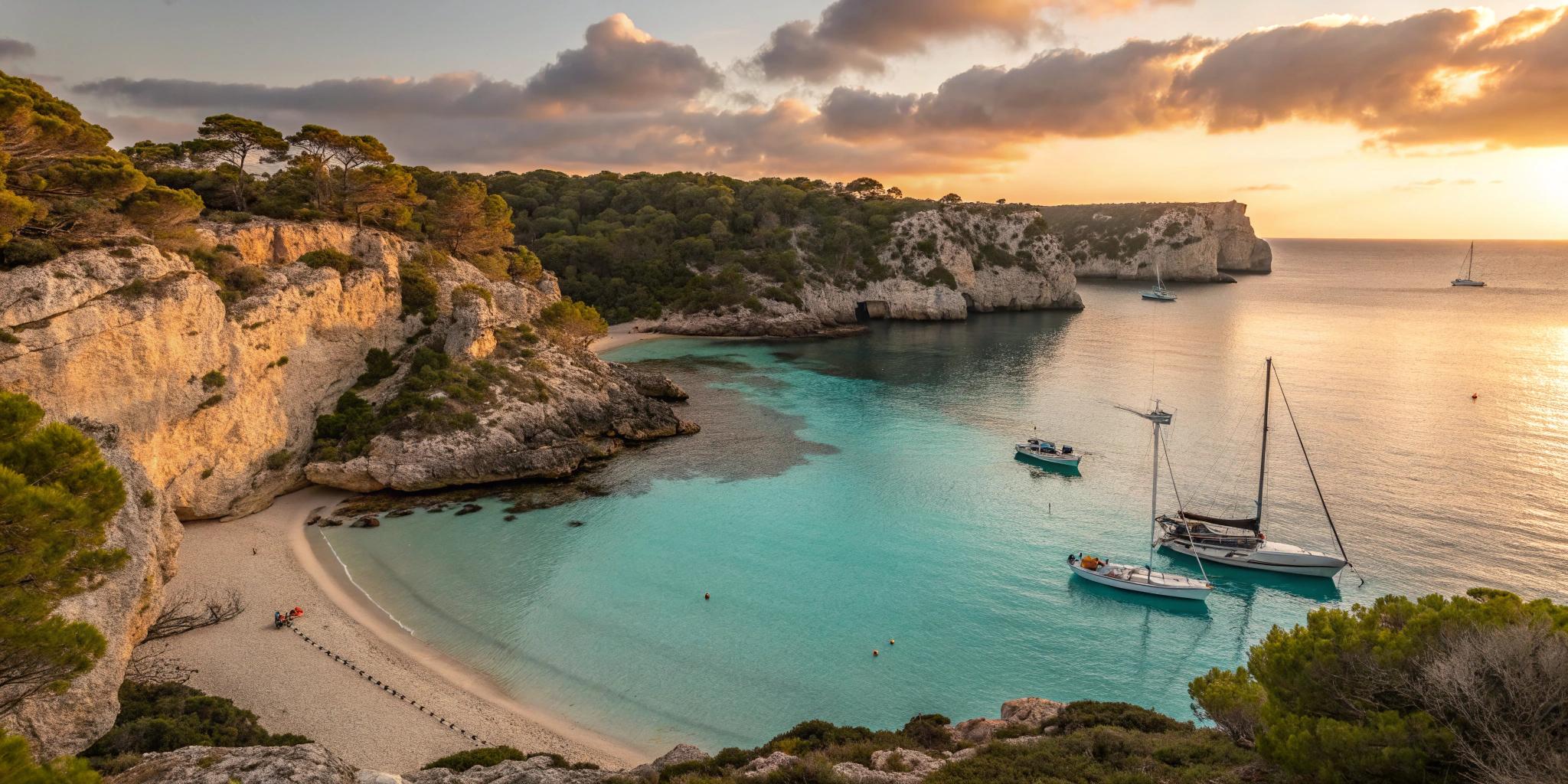 Calm turquoise bay with sailboats anchored near rocky cliffs and sandy beach at sunset.