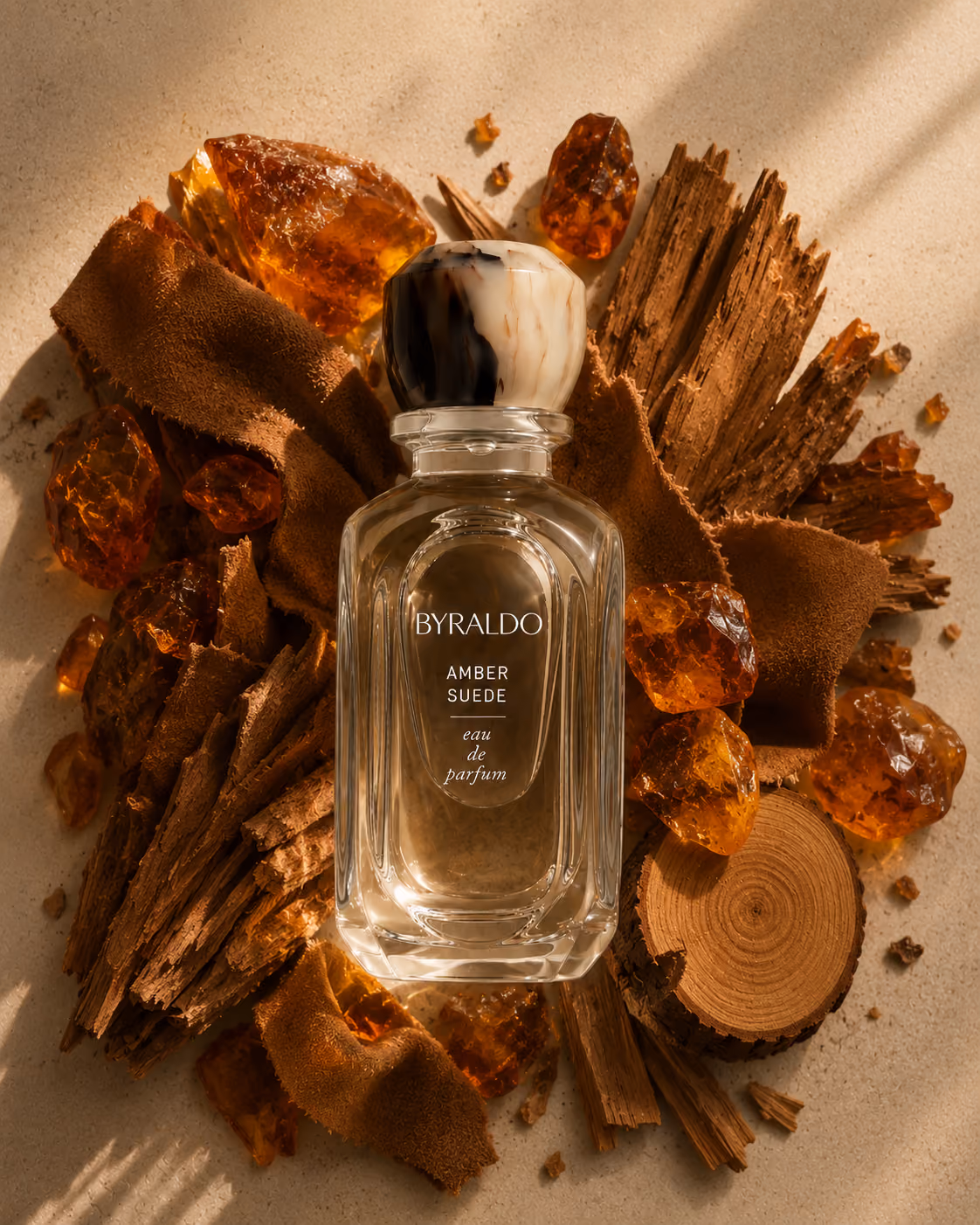 Amber Suede fragrance bottle with warm amber and woody ingredients