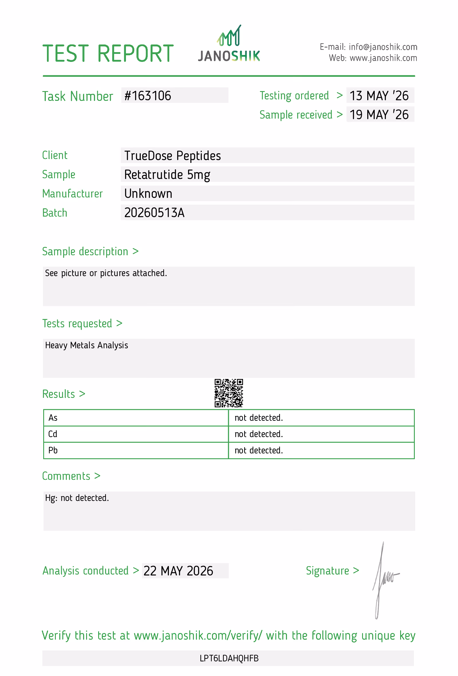 Test report for Retatrutide 5mg by TrueDose Peptides shows no heavy metals detected in sample batch 20260513A.