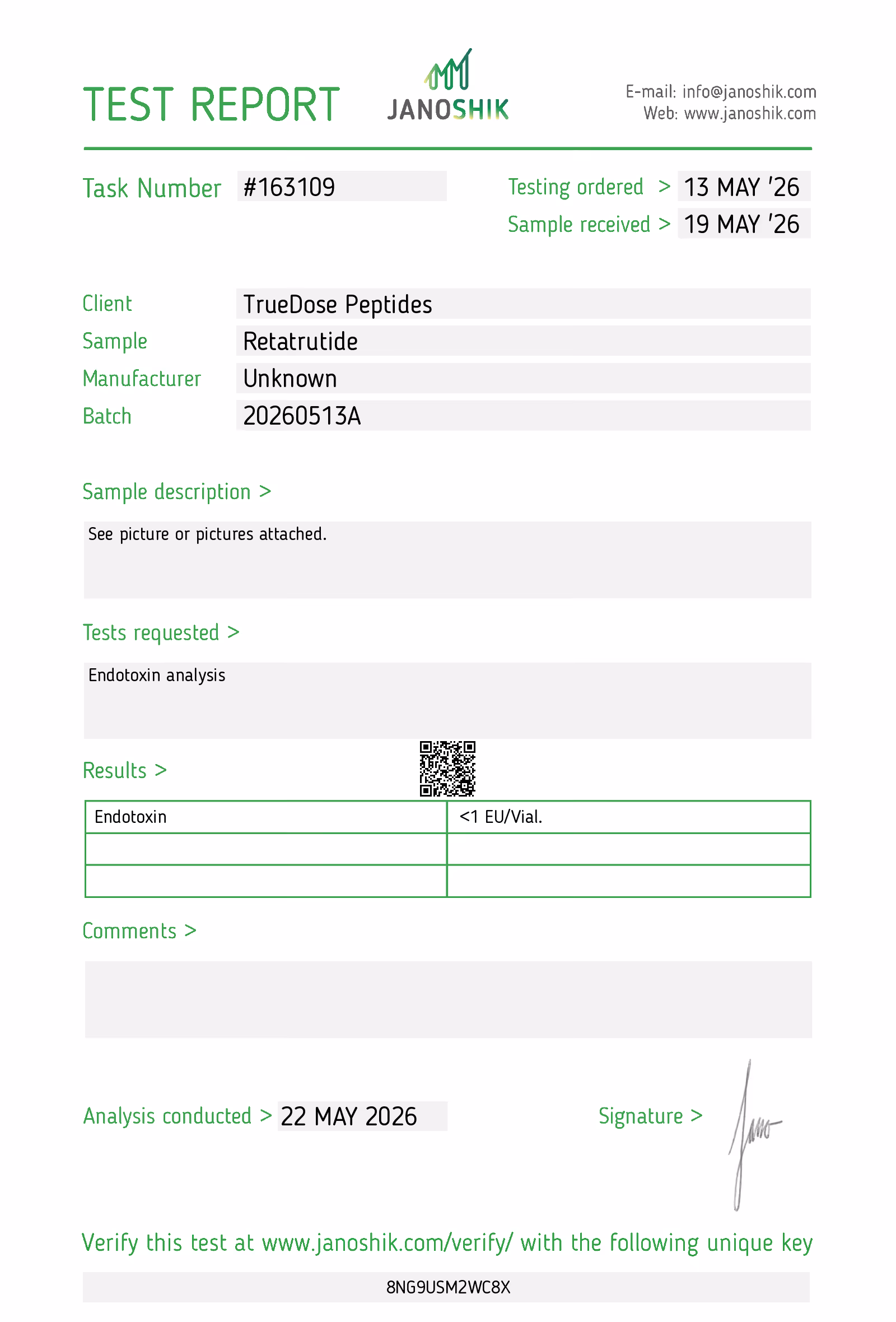 Test report for Retatrutide peptide sample showing endotoxin results under 1 EU per vial dated May 22, 2026.