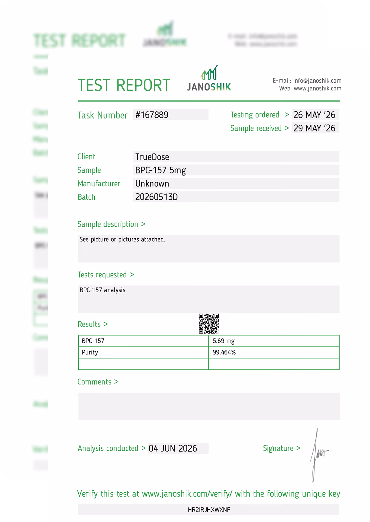 Test report showing client TrueDose, sample BPC-157 5mg, purity 99.464%, analysis date 04 JUN 2026.