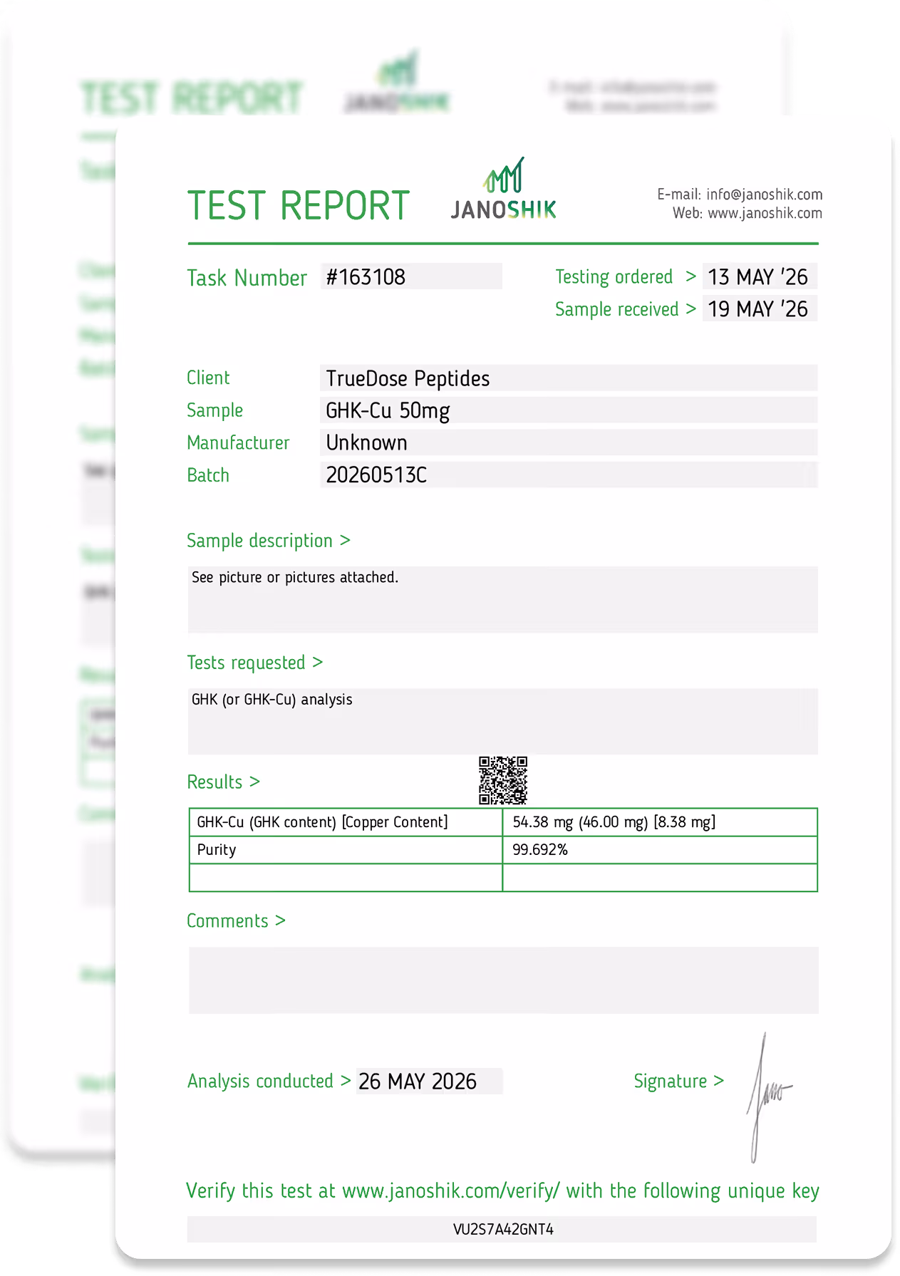 Test report for TrueDose Peptides GHK-Cu 50mg showing purity 99.692% and analysis dated 26 May 2026.