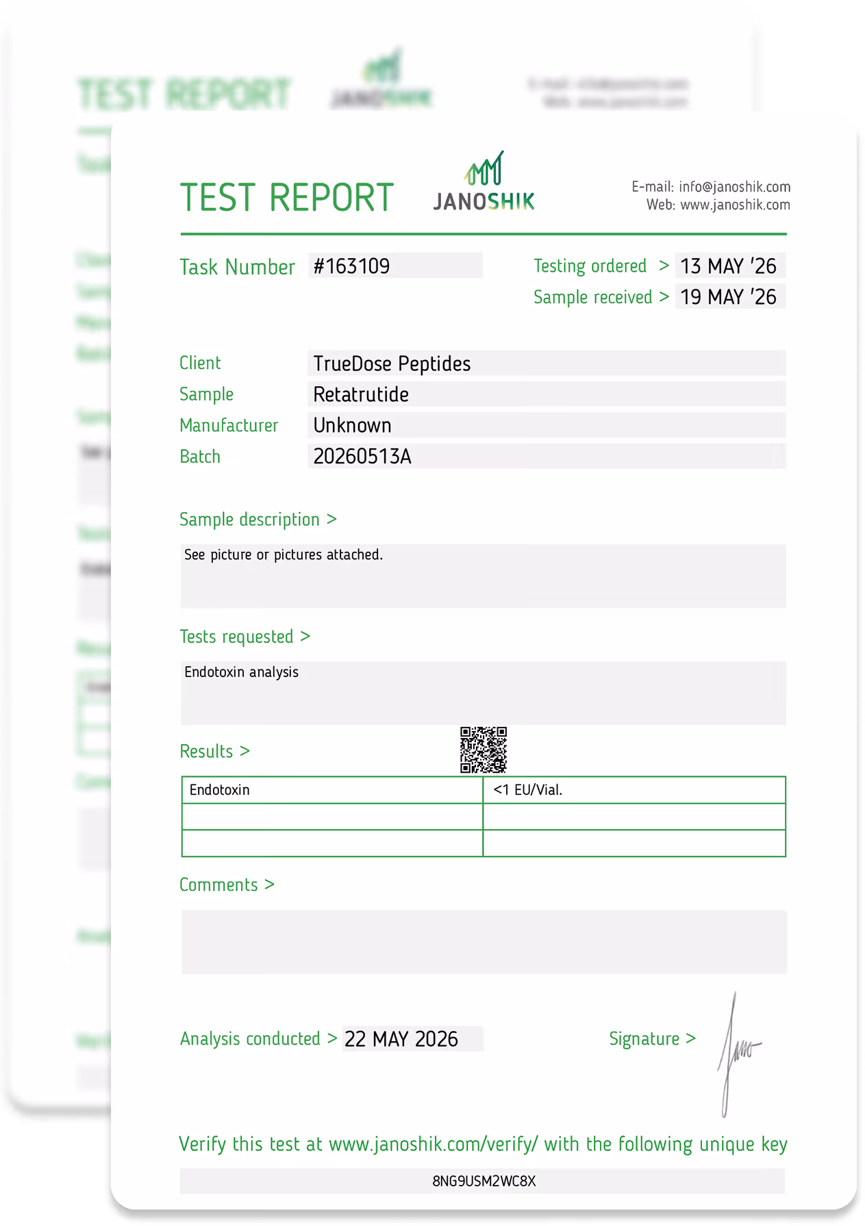 Test report for TrueDose Peptides sample Retatrutide showing endotoxin less than 1 EU per vial.