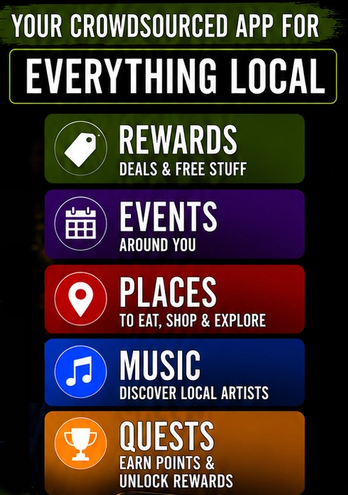Local Events, Rewards, Quests, Music, Artists, Places