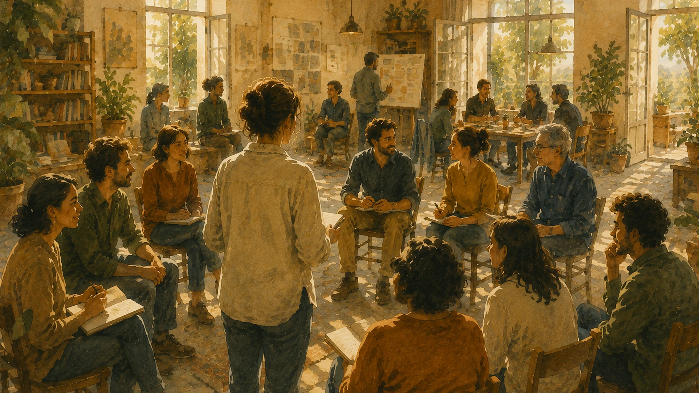 Groupe réuni en cercle dans une grande salle lumineuse pour travailler ensemble.