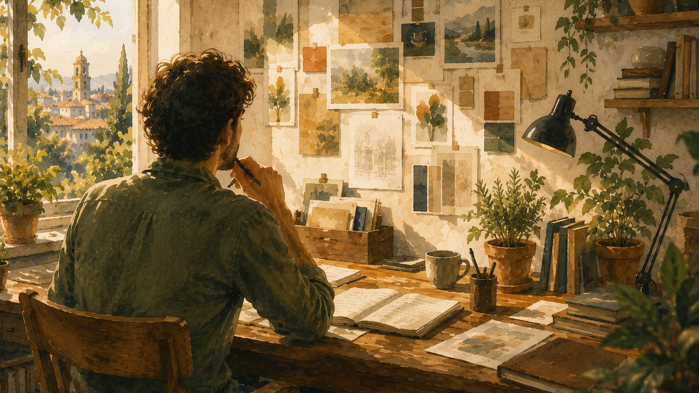 Illustration aquarelle d’un espace de travail avec des documents épinglés au mur et une lampe allumée.