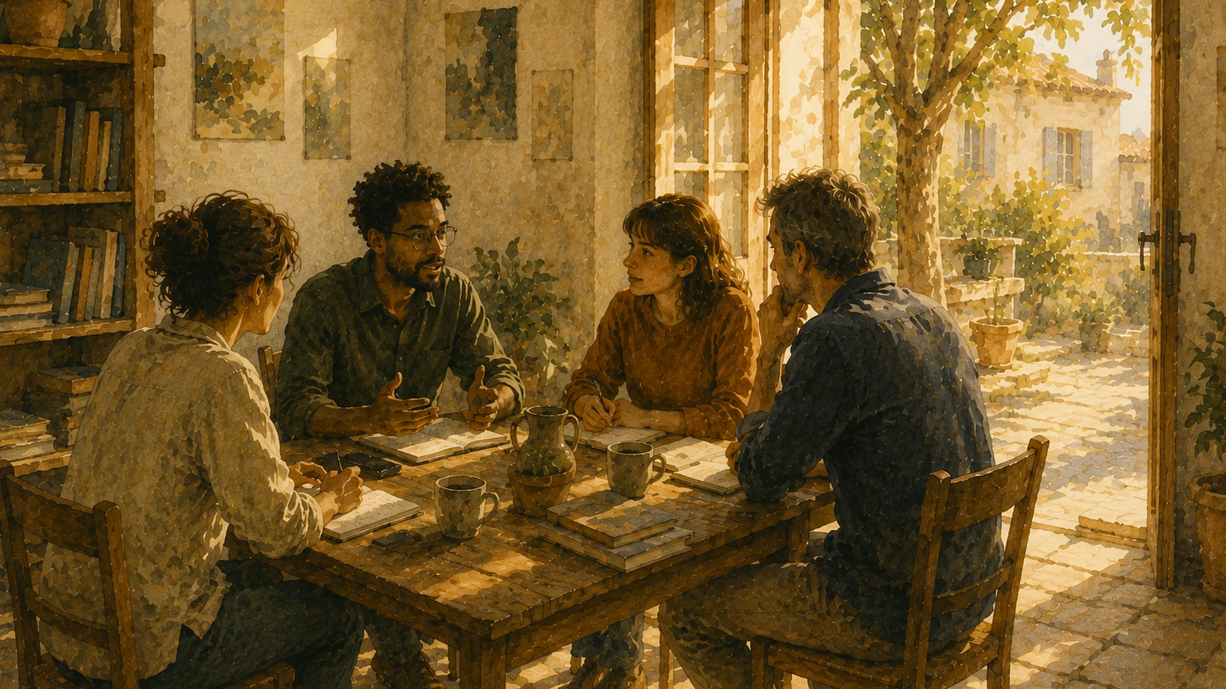 Personnes discutant autour d une table with a door open on a bright courtyard.