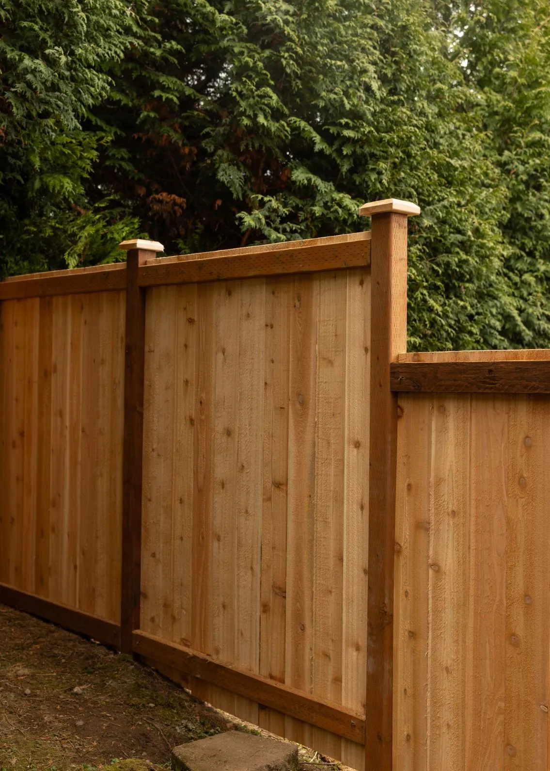 Cedar fence with frame and sturdy posts built in a sloped yard in Vancouver