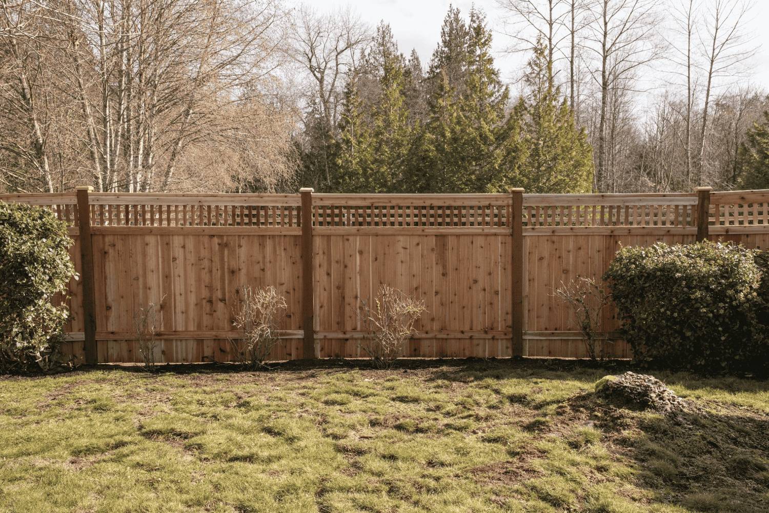 A suburban Pacific Northwest property enclosed with a tall wooden fence 
