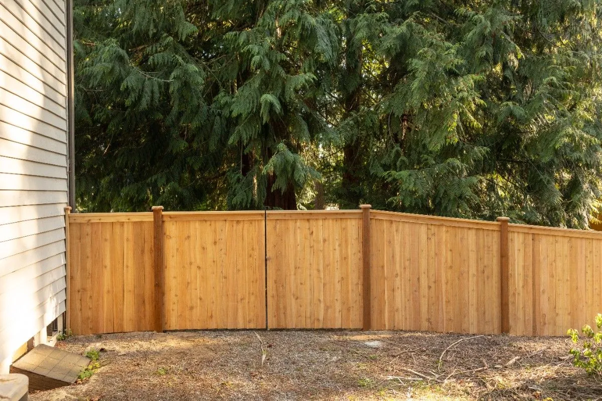 Wooden privacy fence and gate near tall trees in a sloped backyard in Fairview