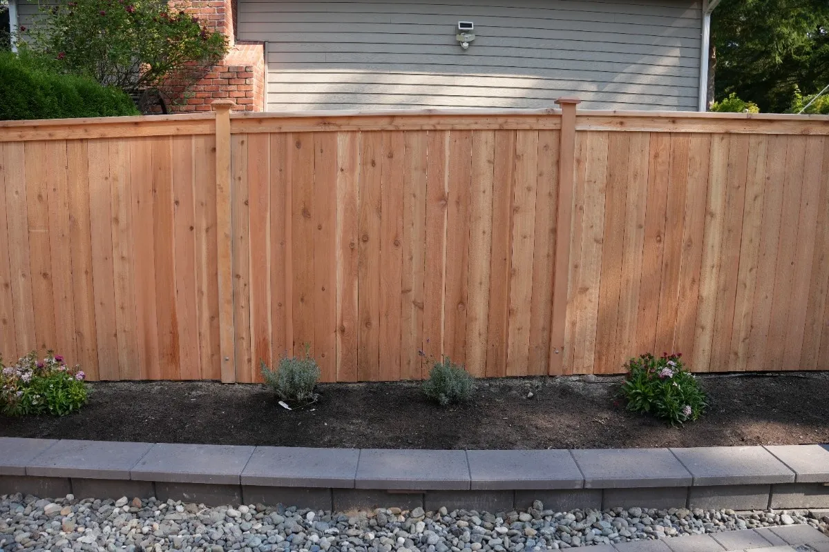 Pressure-treated pine fence built near a plantbox in Portland