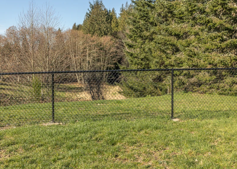 Black vinyl-coated fence installed in a property surrounded by nature 