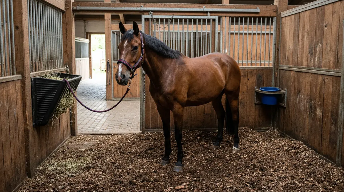Pferd in einer mit Waldboden eingestreuten Box