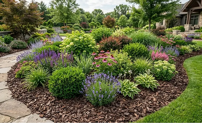 Mit Rindenmulch abgedecktes Staudenbeet