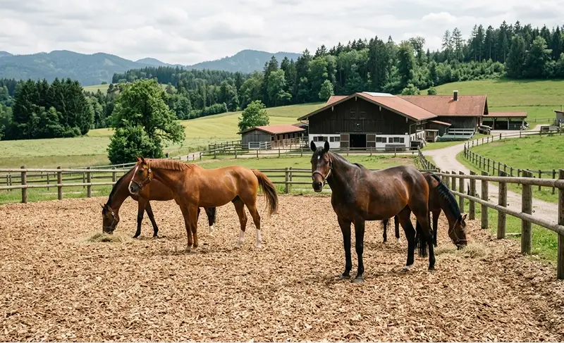 Pferde auf einem mit Hackschnitzeln eingestreuten Paddock