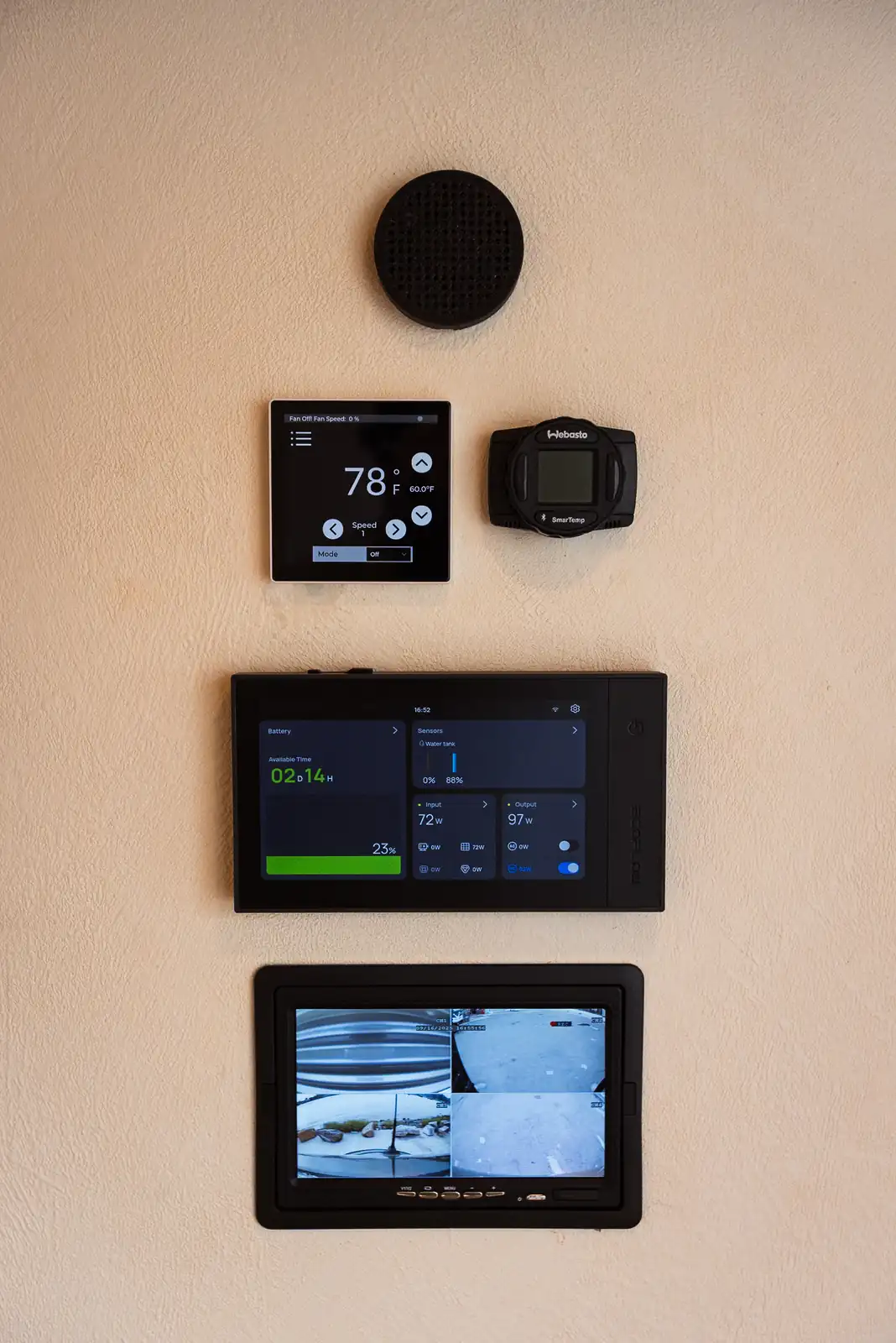 Wall-mounted controls inside a van: smart thermostat, heater control, battery monitor and a four-view camera screen