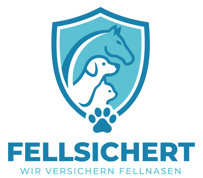 Fellsichert Logo mit Pferd, Hund, Katze in Schild und Pfotenabdruck, Text: Fellsichert wir versichern Fellnasen.