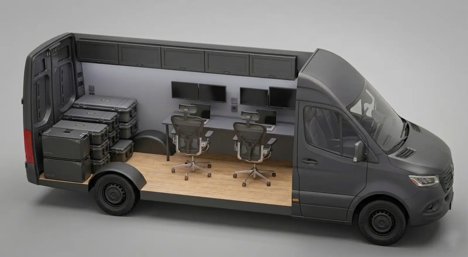 3D cutaway rendering of a dark grey Mercedes Sprinter with two workstations, four wall monitors and stacked hard cases