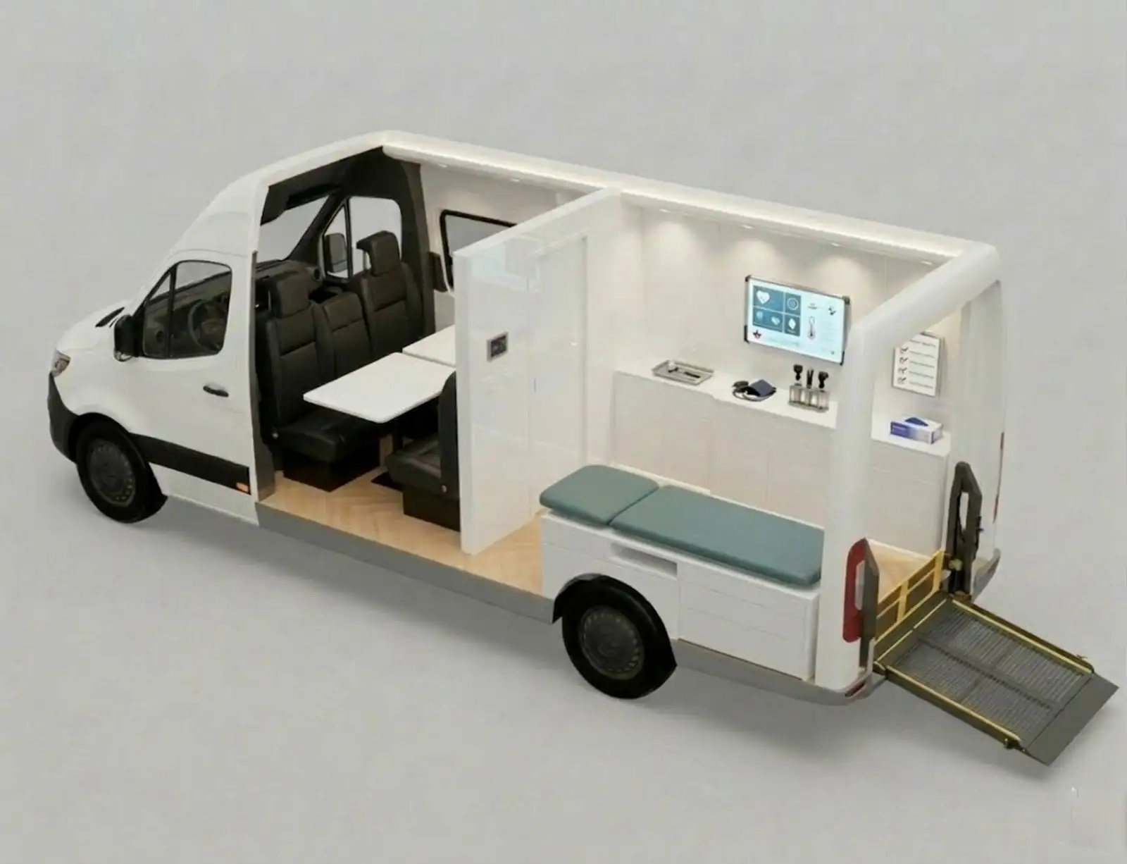 3D cutaway rendering of a white Mercedes Sprinter mobile clinic with exam table, sink, wall monitor and rear wheelchair ramp