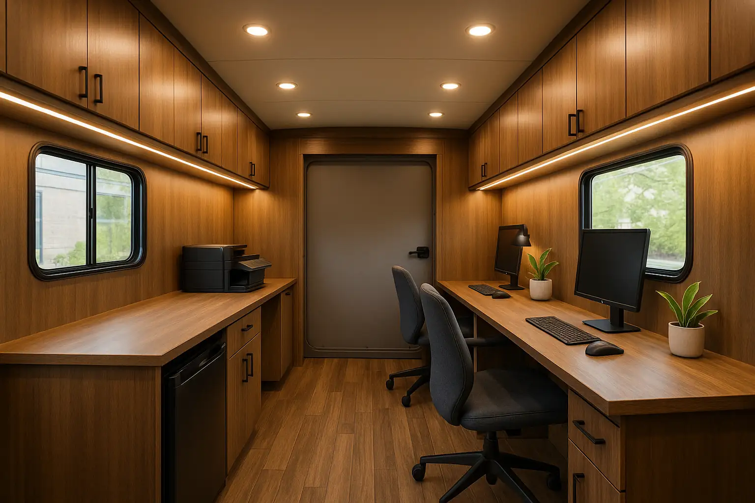 3D rendering of a wood-paneled box truck mobile office with LED cabinets, long counter with two monitors and printer