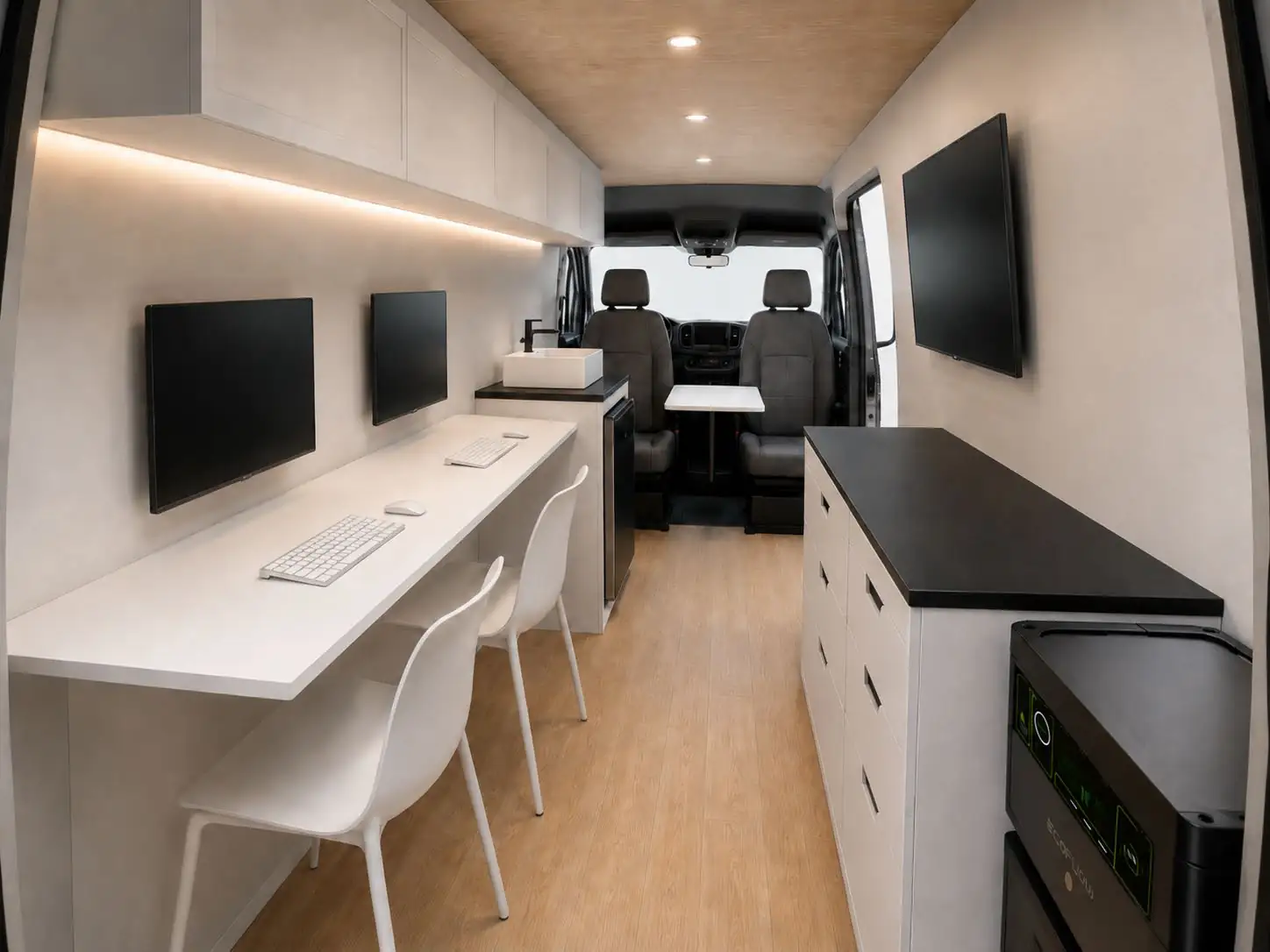 Mercedes Sprinter mobile office interior with long white desk, two wall monitors, white chairs, sink and wood ceiling