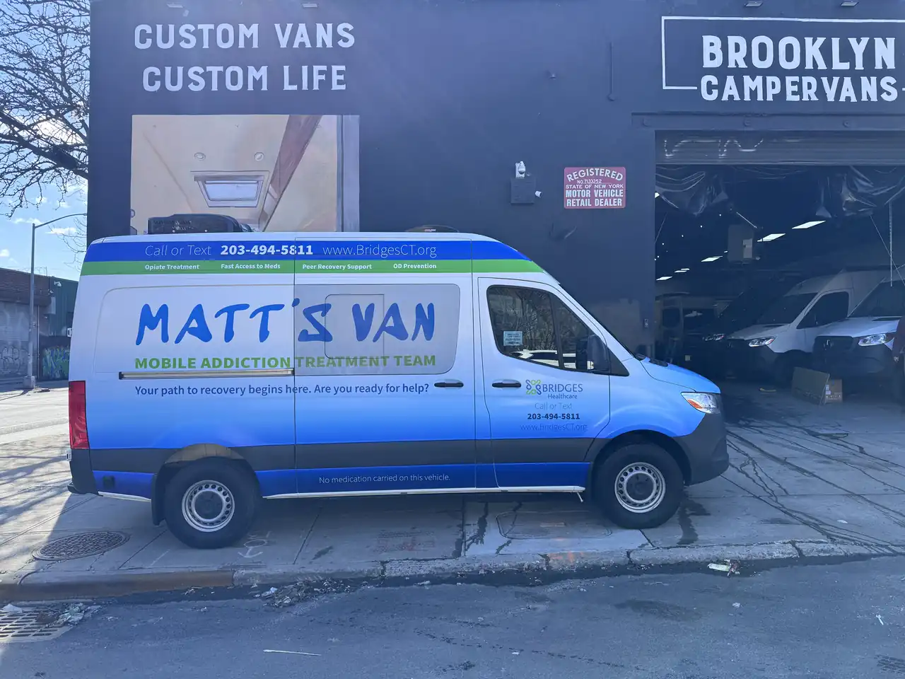 Bridges Healthcare MATT'S VAN Mobile Addiction Treatment Team Mercedes Sprinter parked outside Brooklyn Campervans