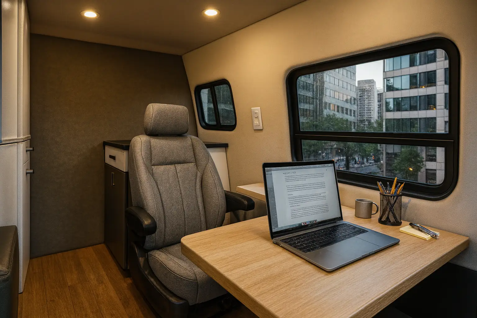 3D rendering of a van office interior with grey swivel seat, light wood table with laptop and a window onto city offices