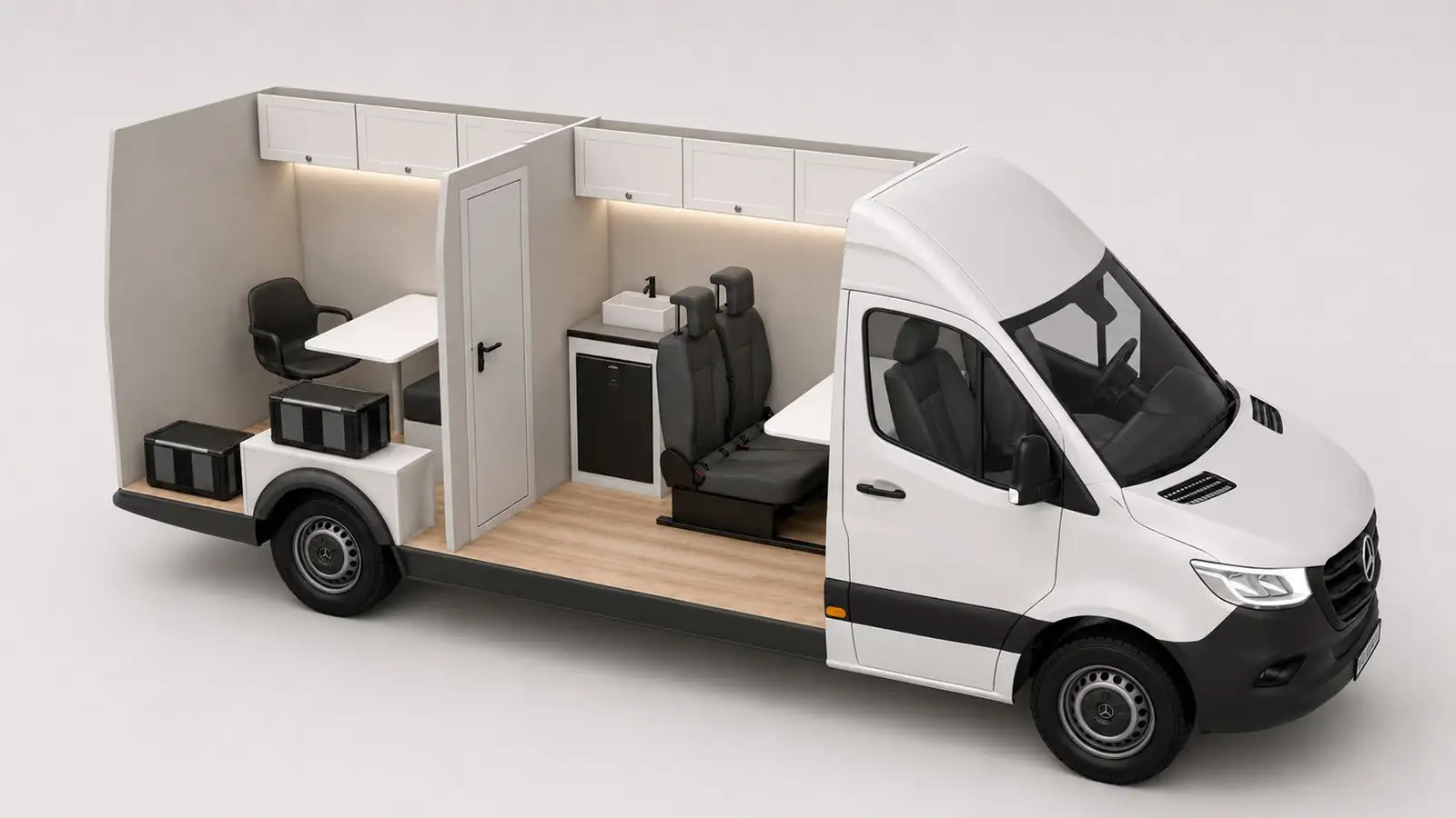 3D cutaway rendering of a white Mercedes Sprinter office with desk, office chair, cabinets, sink and swivel seats