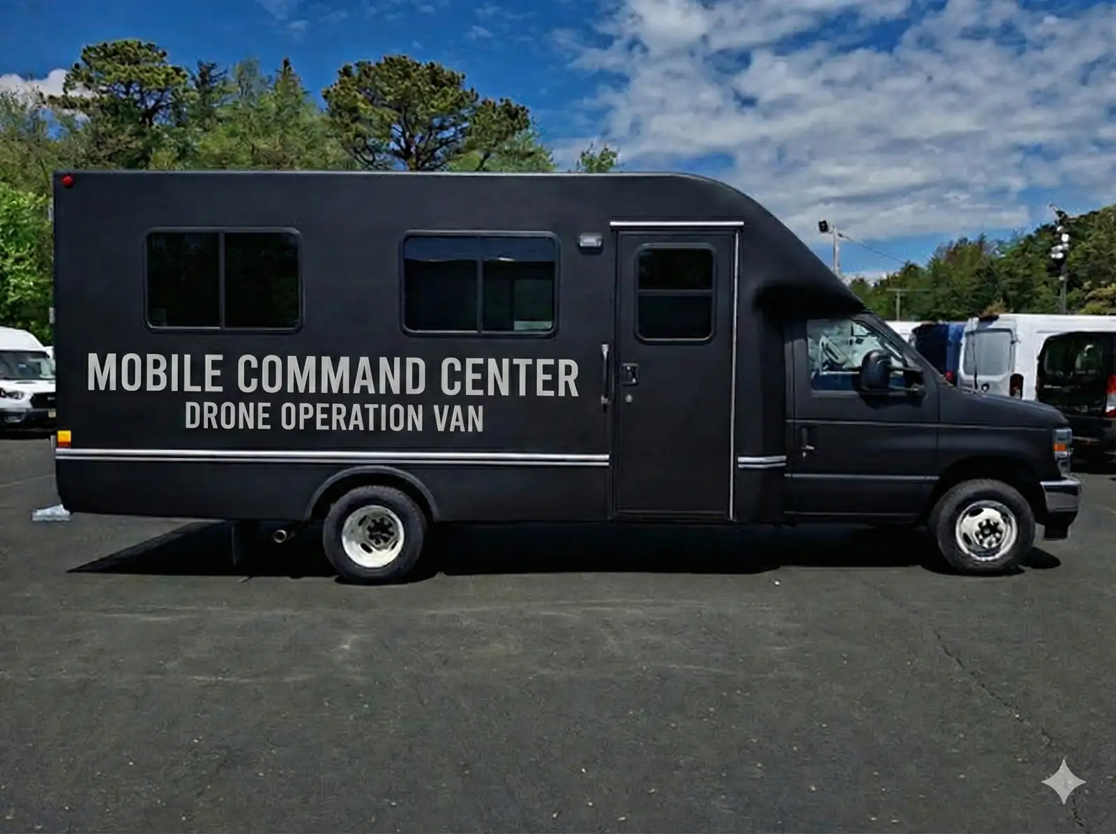 Matte black Ford cutaway shuttle van with Mobile Command Center Drone Operation Van lettering in a parking lot