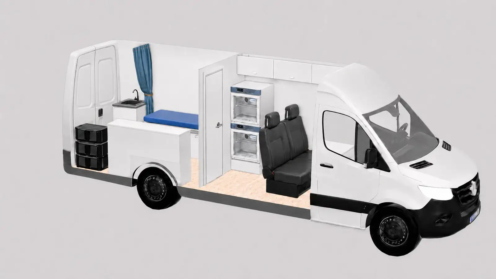3D cutaway rendering of a white Mercedes Sprinter clinic with blue exam table, curtain, sink and stacked medical fridges